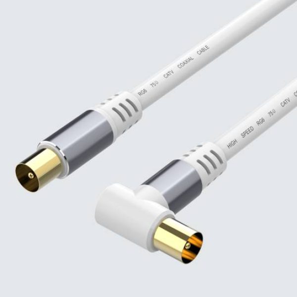 White TV Antenna Aerial Cable Coax PAL Male Right Angle Plug